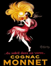 POSTER COGNAC MONNET SUN IN A GLASS FRENCH WOMAN KISS SUN VINTAGE REPRO FREE S/H
