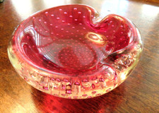 Vintage MCM Murano Italy Cranberry Glass Controlled Bubble Ashtray Dish Bowl