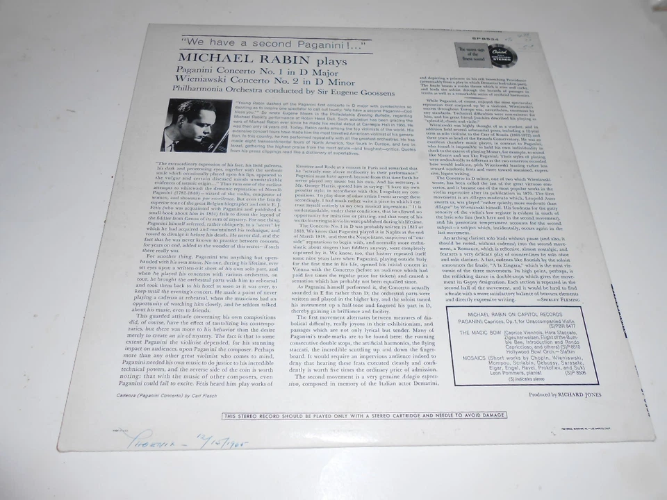 MICHAEL RABIN (VIOLIN) ~ PAGANINI WIENIAWSKI / CAPITOL SP 8534 STEREO, nm-/vg+ - Image 4 of 4