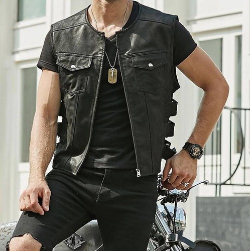 New Men's Faux Leather Vest Sleeveless Round Neck Jacket Short PU coat Zipper - Picture 10 of 13