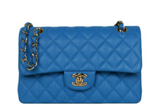 Authentic Chanel Blue Caviar Leather Quilted Small Double Flap Classic Bag
