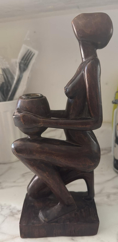 Vintage Hand Carved Dark Wood Woman Carrying Water Jug African Wood Sculpture