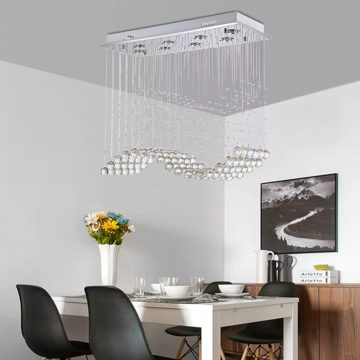 Modern Crystal Chandelier Drop Light Dining Room Rectangle Pendant