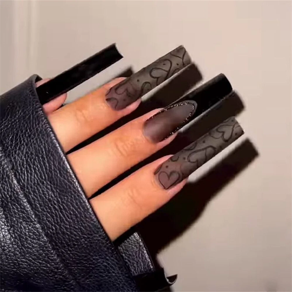 Square Long False Nail Black French Heart Press on Nails for Nail Art 24pcs