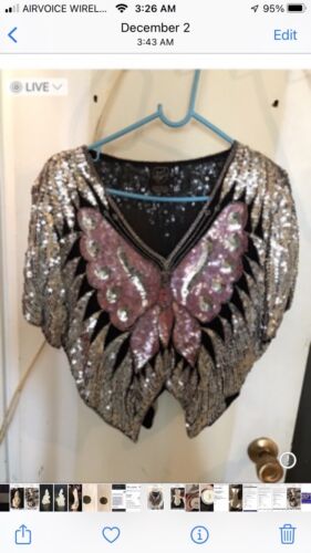 Vintage 1970s Jewel Queen Butterfly Sequin Poncho