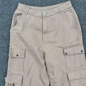 NUON Womens Tan Khaki Wide Leg Cargo Pants High Waisted Cotton Utility Size 28