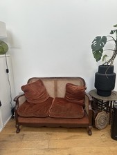 Antique Berger 2-Seater Rust Velvet Sofa Cane Back Wood Frame Cushions 125cm
