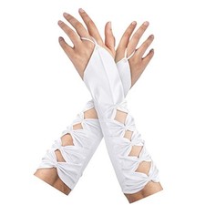 Women's Wedding Bridal Beaded Bows Stretchy Satin Fingerless Long Gloves