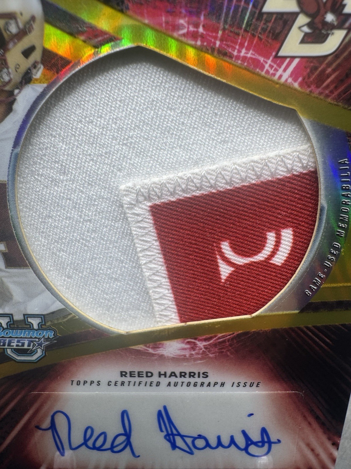 Topps 2025 Bowman's Best U Reed Harris Auto Jumbo Relic GOLD 08/50 RC Game Used view 4