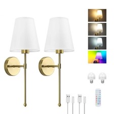 RGB Colour Battery Operated Wall Lights Rechargeable Wall Sconces Set of 2. Gold