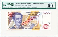 Banco Central Ecuador 5000 Sucres 1987 Specimen Printer s Design PMG  66EPQ