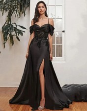 Black Mermaid Spaghetti strap Prom Gowns Applique Beaded Satin Evening Dresses