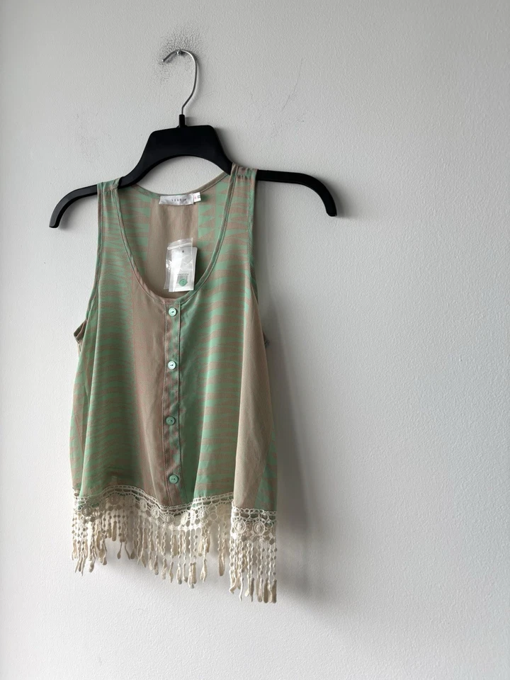 Lush Nordstrom Tank Green Beige Aztec Fringe Sheer Women XS Festival Boho NWT - Image 3 of 4