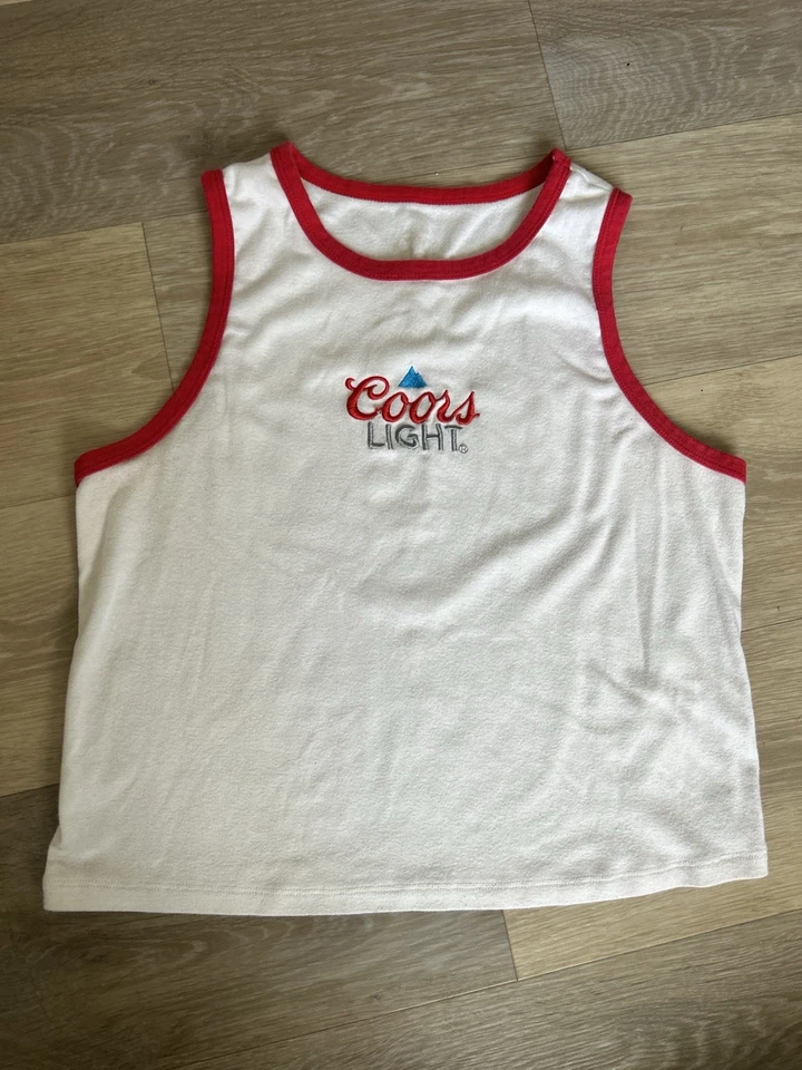 Y2K Coors Light Ringer Tank Top S/M Terry Knit Red Trim Embroidered Logo - Image 2 of 4
