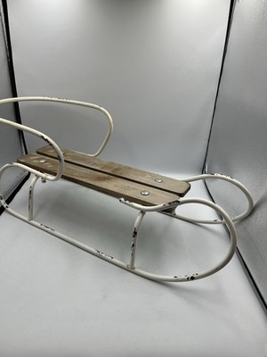 WHITE METAL Small Old Sled Wooden Antique Vintage Decoration HTF  DISTRESSED SEE