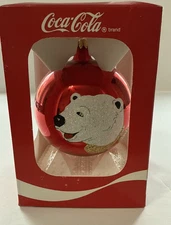Vtg. 1997 Coca-Cola Polar Bear glass ornament w/box -Kurt Adler Company