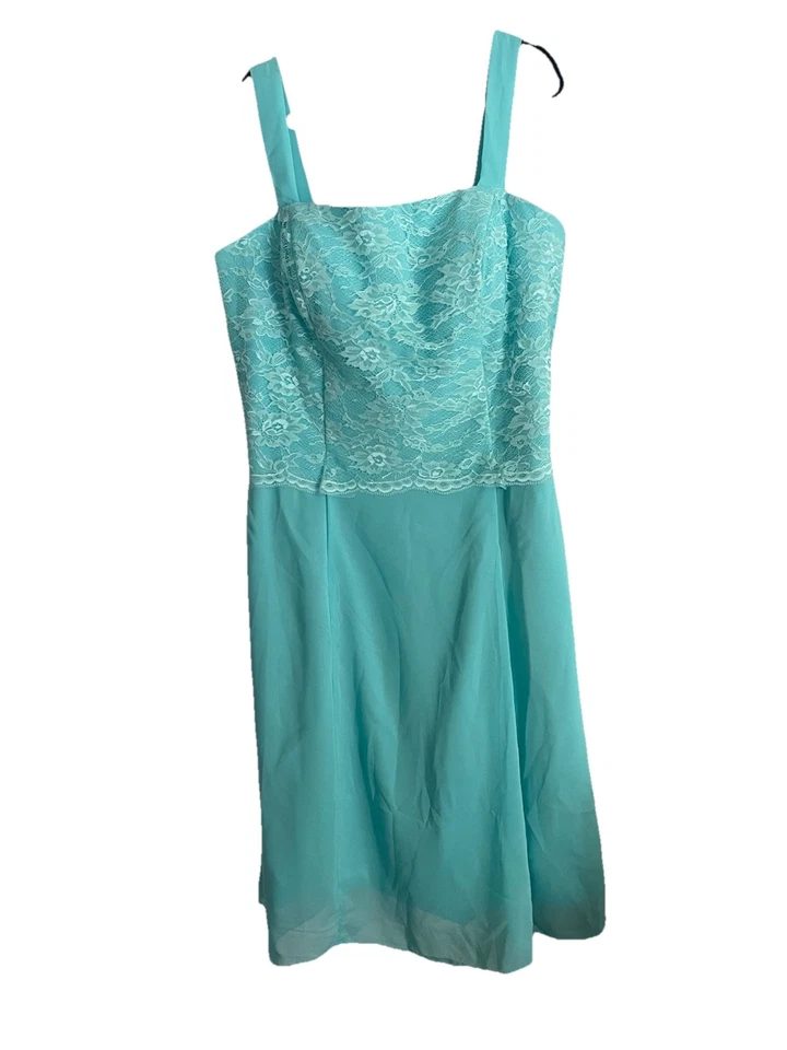 Vestido Formal Turquesa Gasa Blanco Encaje Sobre Turquesa 18W Hasta la Rodilla Foto 4 de 4