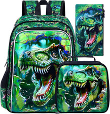 3Pcs Boys Backpack, 16" Dinosaur Bookbag for Elementary Preschool Kindergarten,