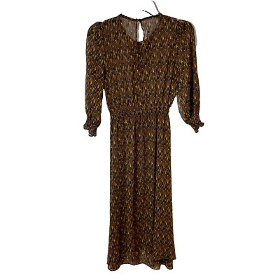 KOTON Puff Long Sleeve Maxi Midi Dress Womens S Brown Elastic Waist Beaded