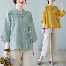 Women 3D Floral Embroidery Blouse Cotton Linen Shirt Tee Top Mandarin Collar New