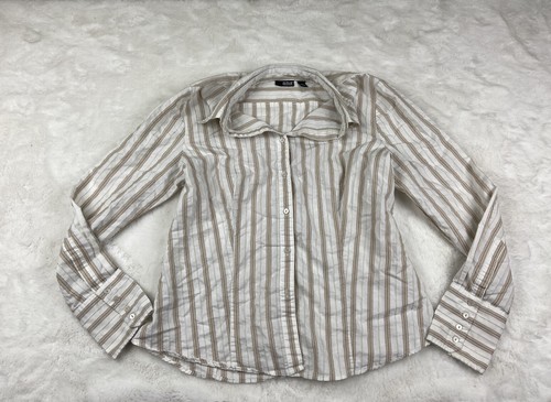 ANA Long Sleeve Button Down White Tan Pinstripe Shirt Large