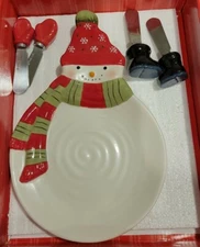 Christmas Holiday Hallmark Snowman Spreader Cheese Plate Set w/Utensils 