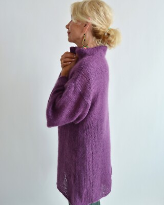 Purple mohair handknit cardigan Long thick knit cape Buttoned sexy