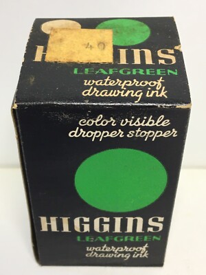 NIB Unopened Vintage Higgins Waterproof Leaf Green Drawing Ink 3/4 oz NOS In Box