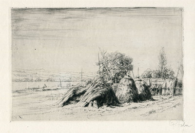 Peter Von Halm Signed Etching of Haystacks
