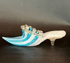 Murano Venetian Art Glass slipper, twirled Turquoise colored ribbon, vintage