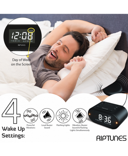 RIPTUNES Dual Wecker, vibrierender Bettschüttler, laut, Blinklichter, Dimmer - Bild 6 von 10