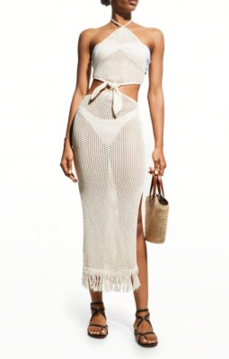white christmas dresses Crochet Knit Halter Fringe Maxi Dress – Trendsetters Fashion Boutique main image 0