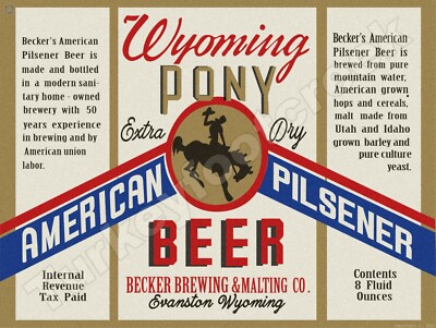 Wyoming Pony Beer Label 9'' x 12'' Metal Sign