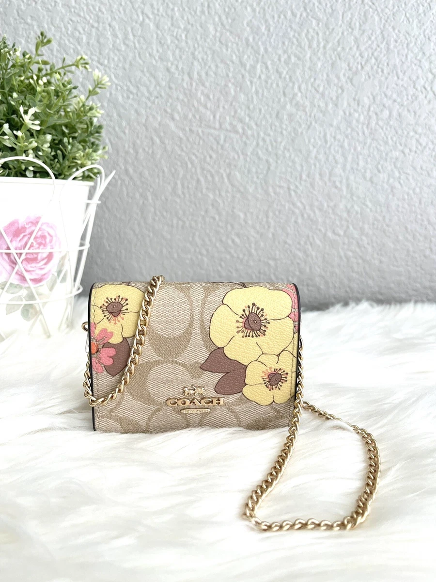 NWT Coach Mini Wallet On A Chain CH714 Light Khaki Signature Floral Print