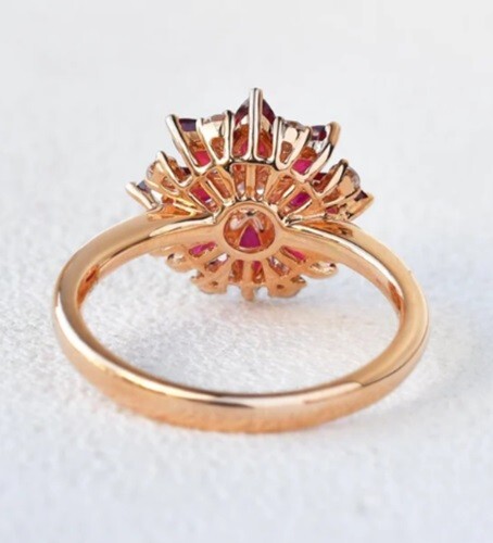 Simulated Shiny Marquise Ruby & Moissanites Floral Women's Ring In 10K Rose Gold - Picture 3 of 6
