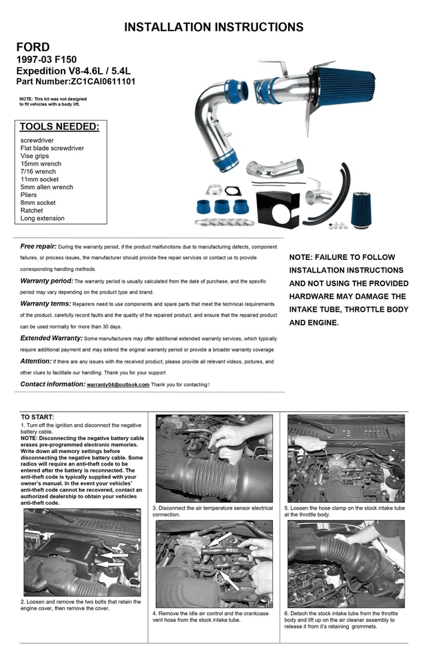 Kit de entrada de ar frio para Ford F-150 1997-2003 1998-1999 Lincoln Navigator - Imagem 3 de 4