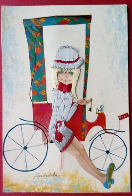 Postcard embroidered card illustration by ISABELITA Ed PRAT Spain TAXI TACOT