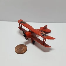 Vintage Red Diecast German Bi-Plane w/ Iron Cross Stickers & 3" Wing Span