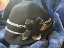 SCALA PRONTO 100 Wool Floral Black Bucket Hat Women's Vintage Fedora Retro