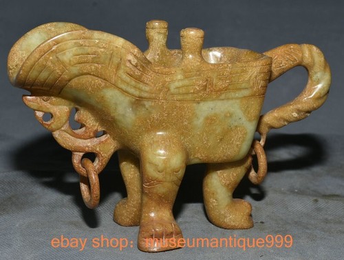 8" Rare Chinese Old jade carving handle Dragon beast drinking vessel cup - 第 7/15 張圖片