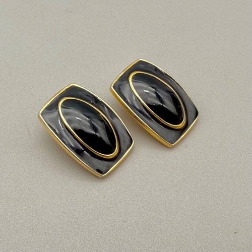 Vintage Monet Earrings Clip On NAVY BLUE Gold Tone Classy Preppy Rectangle Studs - Picture 9 of 20