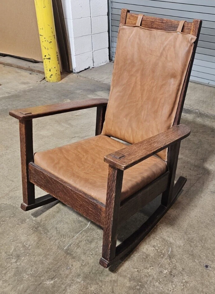 Stickley Bros дуб миссии стиль кресло-качалка коричневый кожаный/искусственной кожи чехол - Изображение 4 из 4