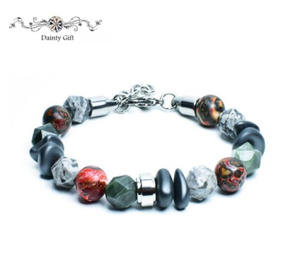 Men Women Map Jasper Hematite Amazon stone Stainless Steel Energy Bead Bracelet