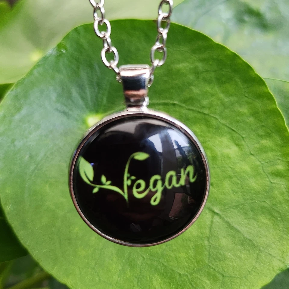 Vegan Necklace Glass Cabochon Pendant 20" Necklace Vegan Proud Statement Jewelry - Image 2 of 4