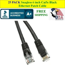 25 PACK 6 In Cat5e Black Network Ethernet Patch Cable Computer LAN 1 Gbps 350MHz