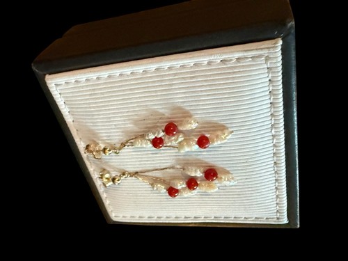 14K Yellow Gold Post Dangle Coral & Rice Pearl Earrings - Picture 14 of 16