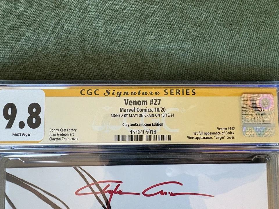 Venom 27 Clayton Crain SS CGC 9.8 Firmado Venom $ Carnage Virgen Cubierta Mínima Foto 3 de 4