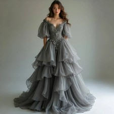 Gray Off Shoulder Puff Sleeve Tiered Tulle Ball Gown Lace Evening Prom Dresses