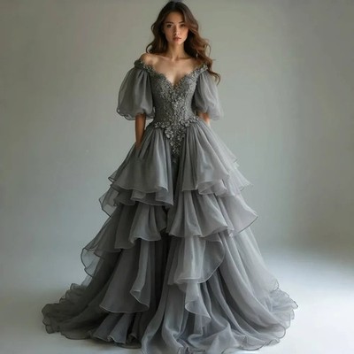 Gray Off Shoulder Puff Sleeve Tiered Tulle Ball Gown Lace Evening Prom Dresses
