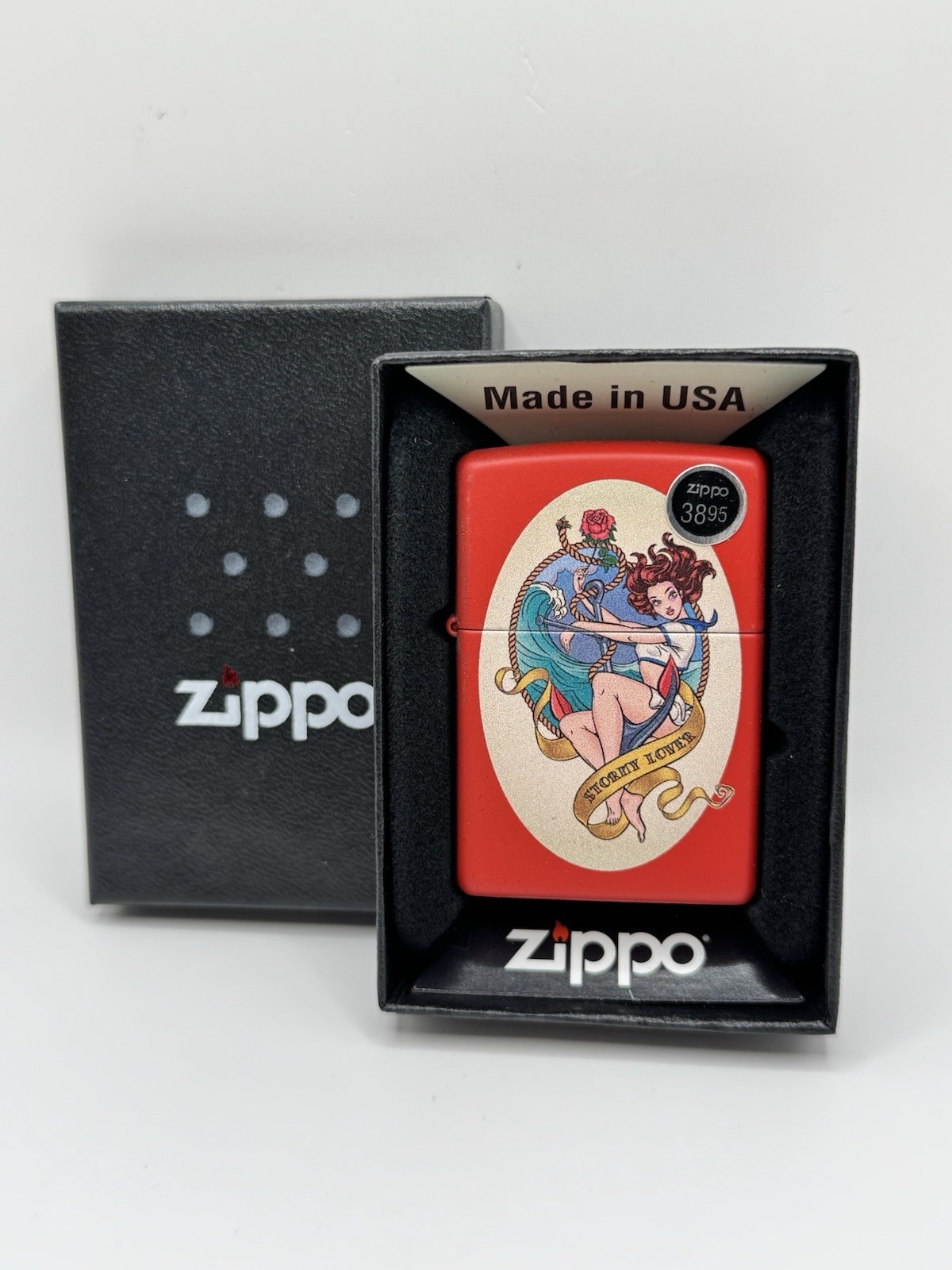 ZIPPO Stormy Lover Tattoo pinup Girl Matte Red Lights 46058 NEW IN BOX 2023